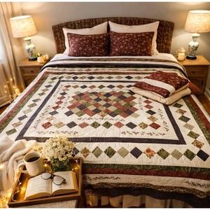 Vintage JCPenney Cotton Patchwork Quilt Set King w Bedskirt‎ & Shams